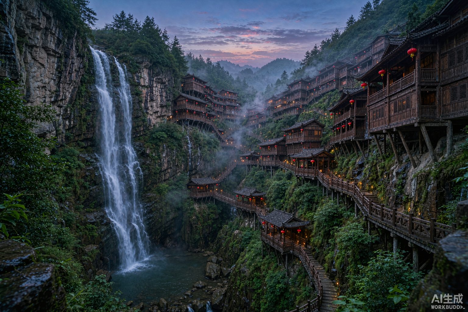 望仙谷悬崖木构小镇与瀑布(示意图)